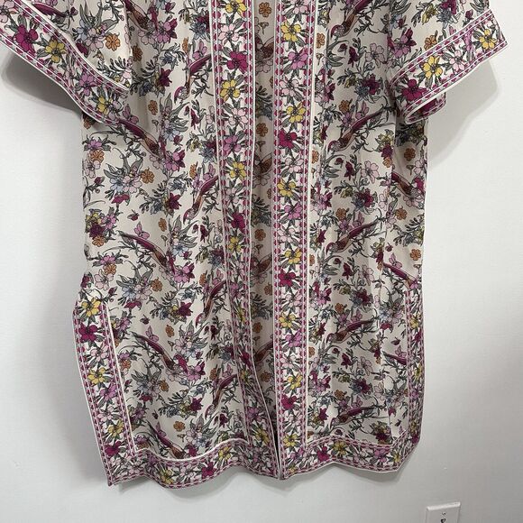 Max Studio Kimono S Cream Cerise Floral Parrot Long Open Boho Casual Duster NEW - Picture 2 of 11